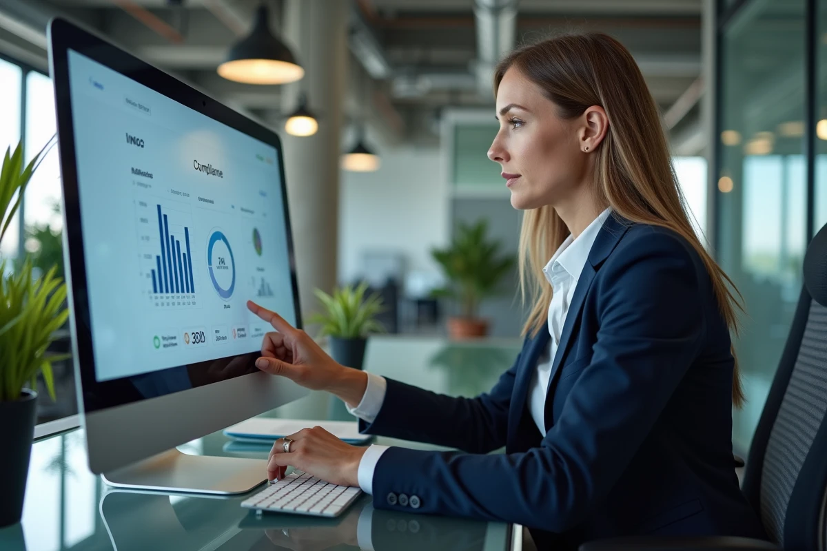 Femme d affaires en costume bleu examinant des graphiques numériques