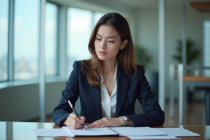 Femme d'affaires en costume dans un bureau moderne