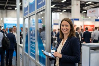Femme d'affaires souriante avec tablette devant stand modulaire