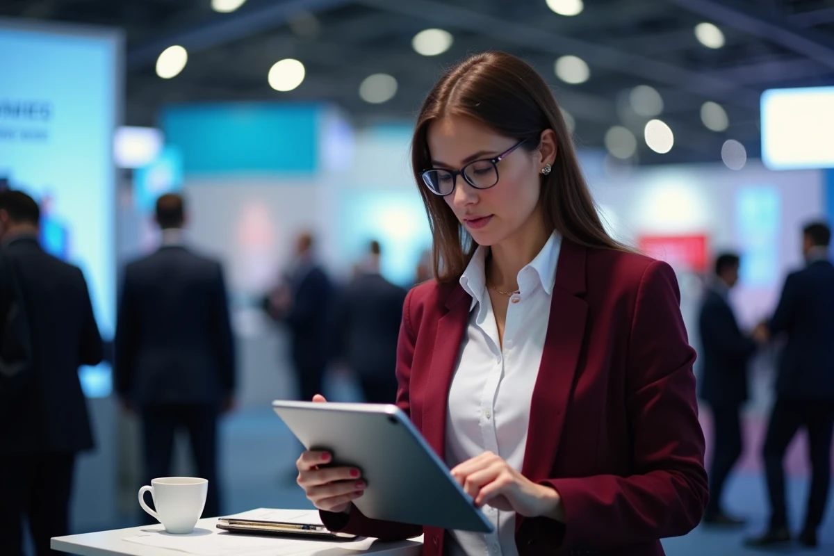 Femme d'affaires consultant sa tablette lors d'un salon événement networking B2B pour sa stratégie commerciale