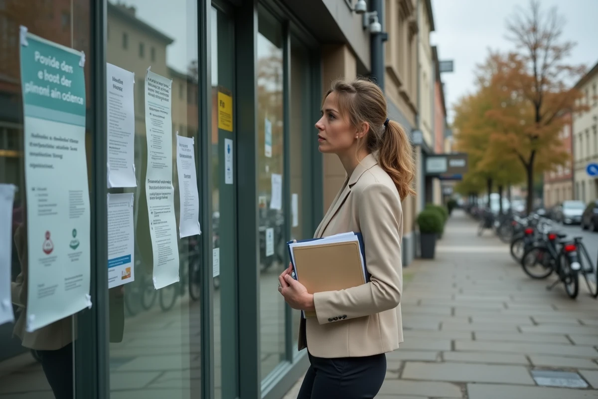 Femme devant une agence pour l'emploi tenant un dossier administratif, illustrant les démarches après un licenciement et les conditions d'accès aux allocations chômage