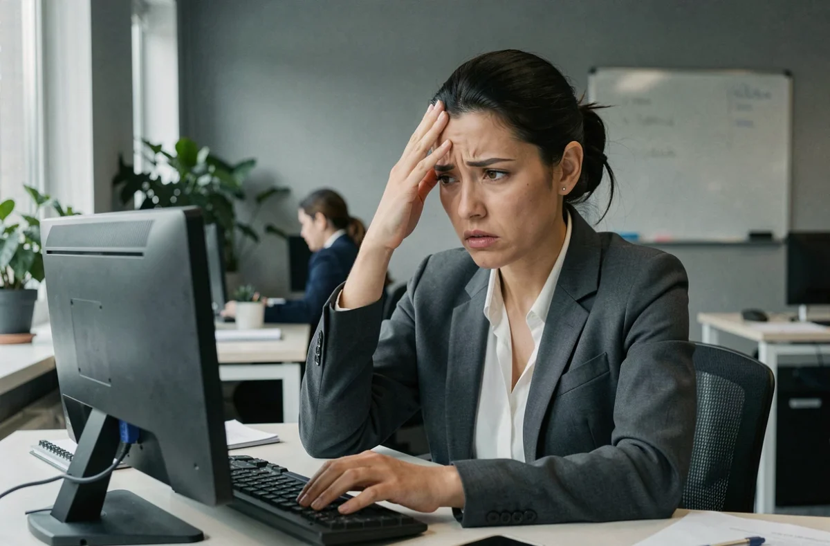 Femme inquiète devant son ordinateur découvrant des signaux d'alerte sur une plateforme financière frauduleuse