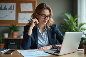 Femme en blazer étudiant des graphiques financiers au bureau
