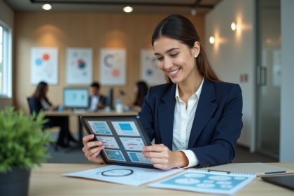 Femme professionnelle souriante utilisant une tablette dans un bureau moderne