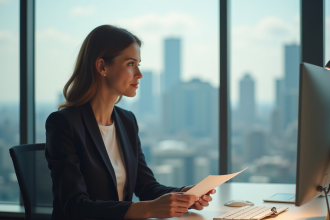 Femme au bureau tenant une enveloppe dans un bureau moderne