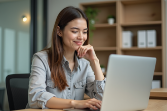 Femme assise au bureau travaillant sur son ordinateur portable