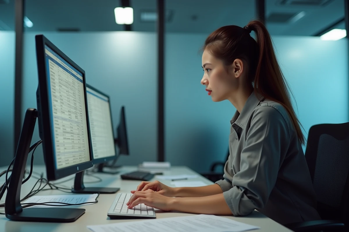 Jeune femme en tenue d&eacute;contract&eacute;e travaillant sur un ordinateur au bureau