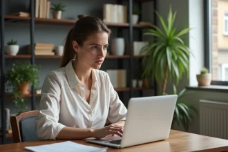 Jeune femme au bureau regardant son ordinateur portable