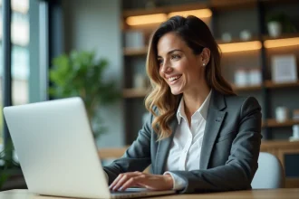 Femme professionnelle utilisant un ordinateur dans un bureau lumineux