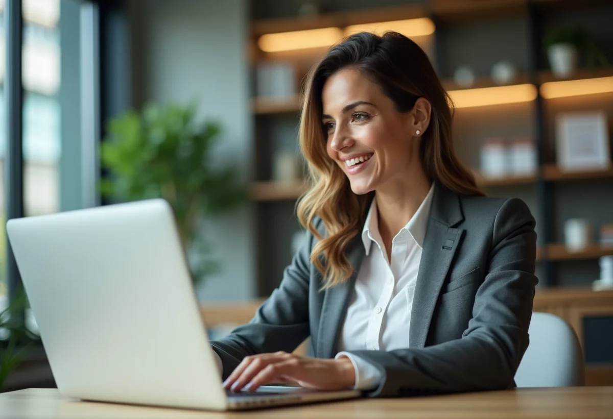 Femme professionnelle utilisant un ordinateur dans un bureau lumineux