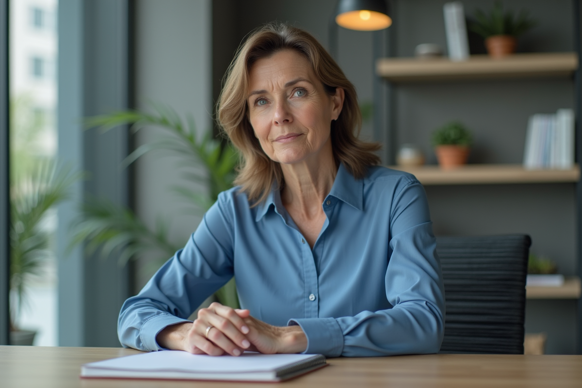 Femme d'âge moyen dans un bureau moderne en réflexion