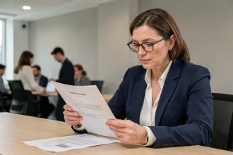 Femme cadre examinant un contrat de travail à son bureau, illustrant les délais légaux en droit du travail