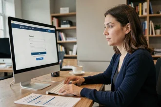 Femme consultant une check-list devant un écran intranet MFR dans un bureau moderne