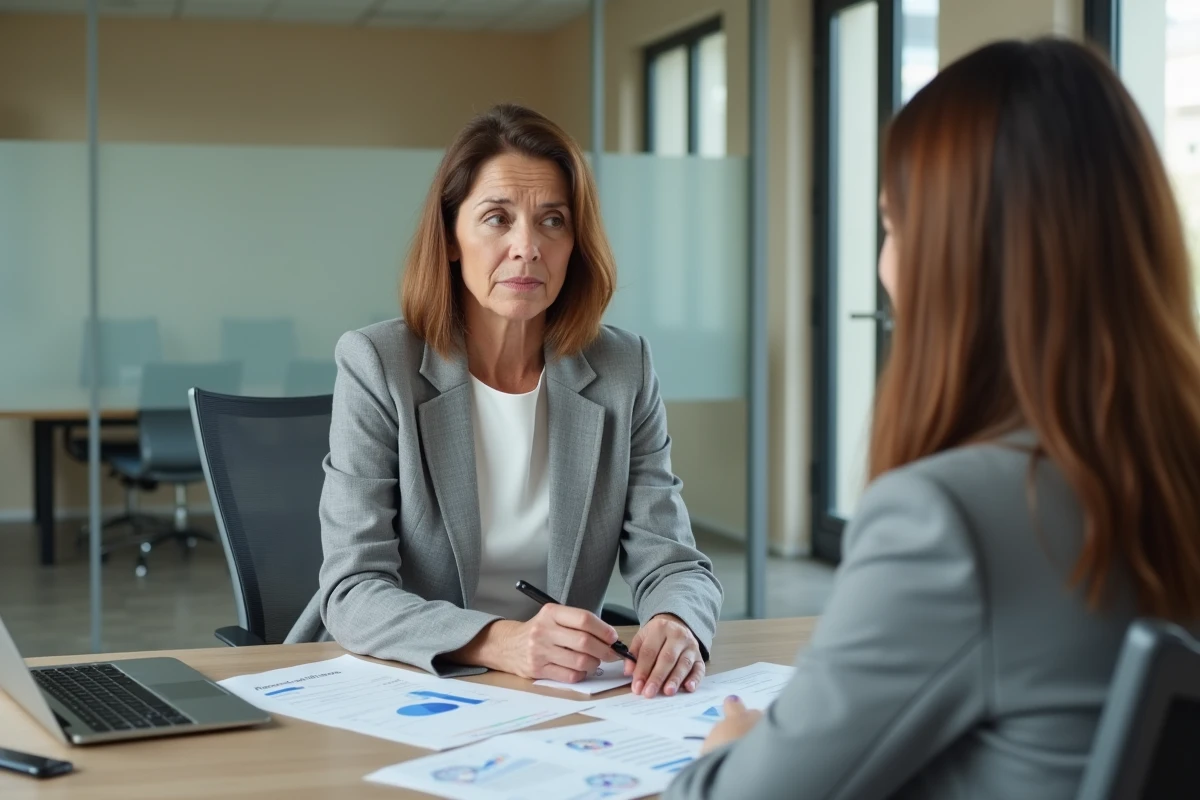 Femme en entretien avec un conseiller financier pour analyser les impacts du CSP sur sa retraite et ses points Agirc-Arrco