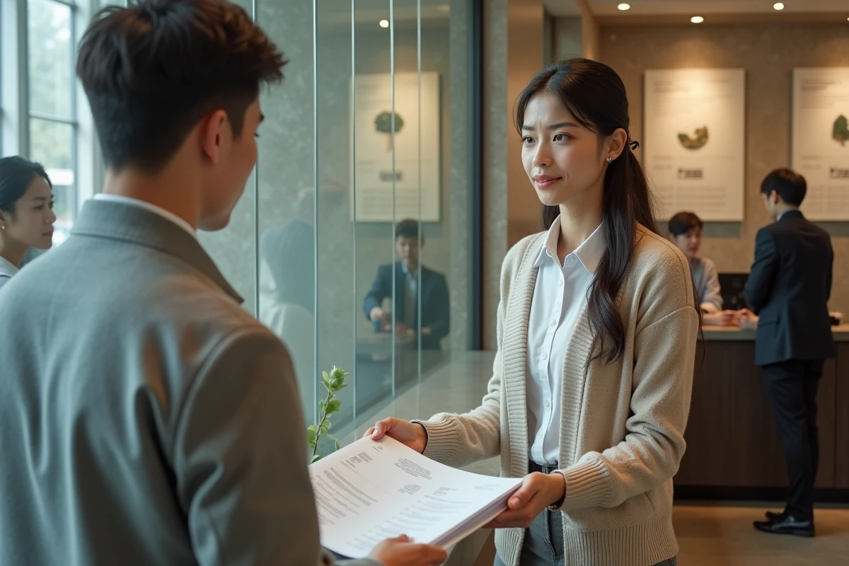 Jeune femme remet des papiers au guichet de banque