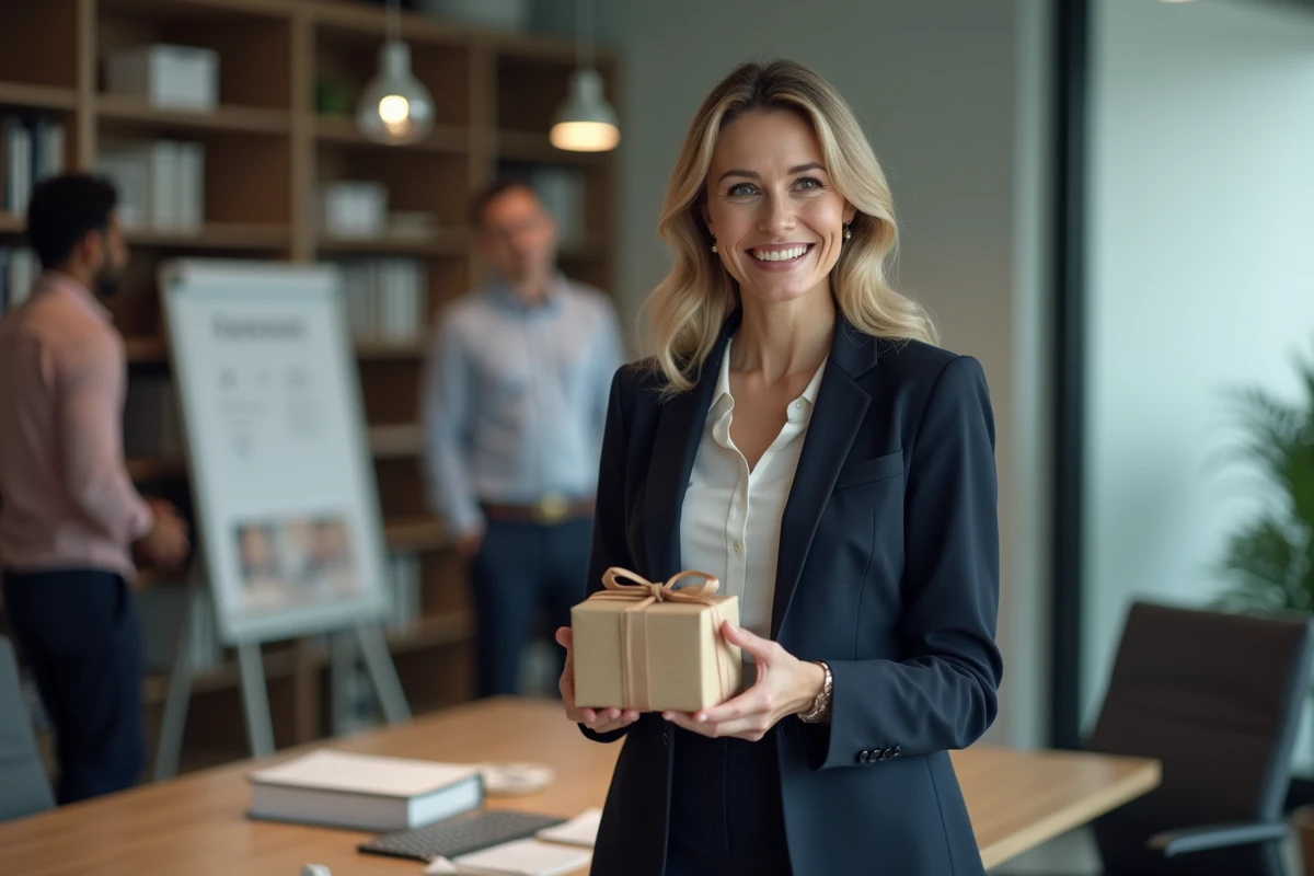 Femme tenant un cadeau d'adieu lors d'un départ inattendu au bureau, expression touchée et souriante devant son bureau vidé