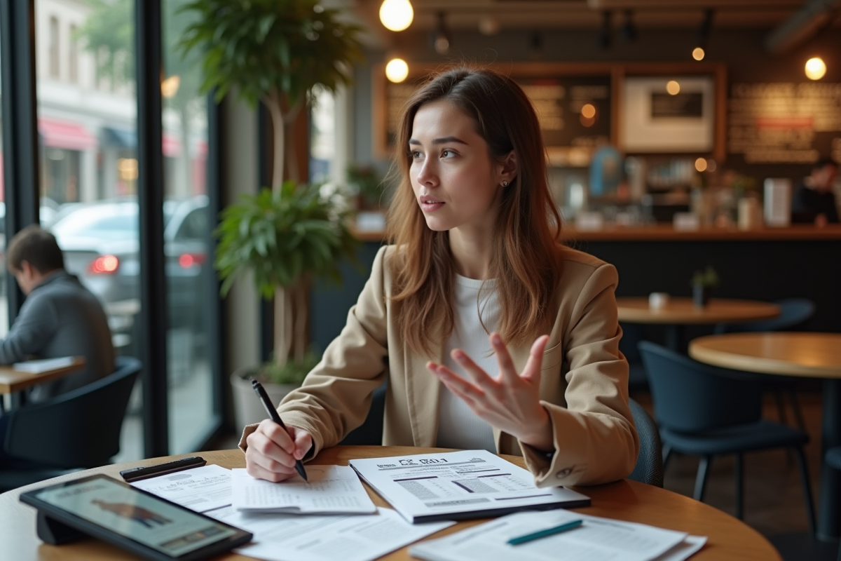 Femme discutant de projets dans un café moderne