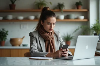 Jeune femme inquiète avec smartphone dans la cuisine