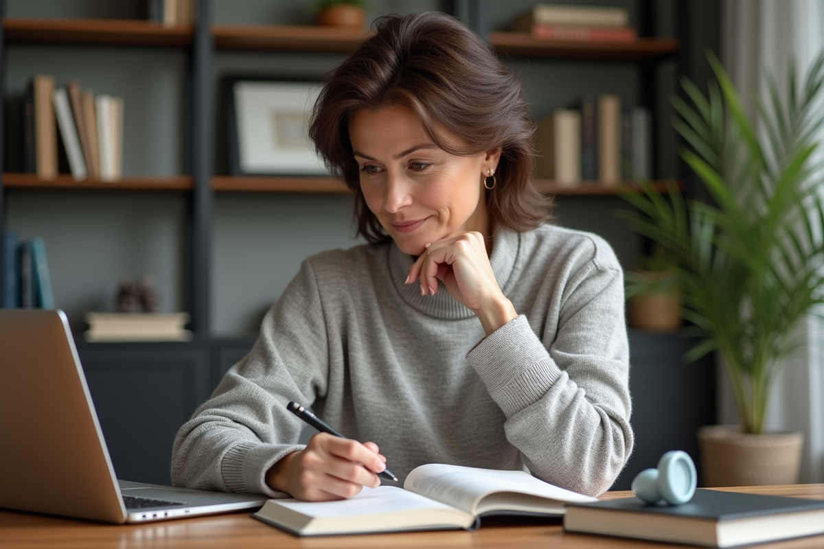 Femme en home office annotant un livre de gestion