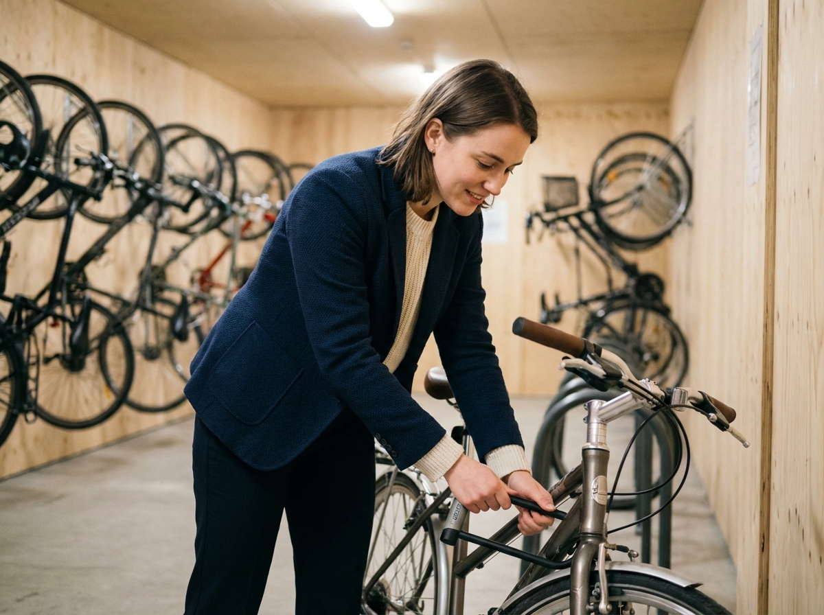 Jeune femme verrouillant son v&eacute;lo dans un espace int&eacute;rieur