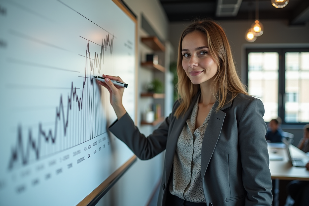Jeune femme en blazer analyse un graphique dans une salle de réunion