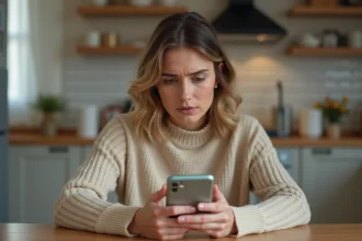 Jeune femme perplexe consultant une notification de colis Shein non reçu sur son smartphone à la maison