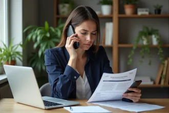 Femme examine un relevé bancaire à son bureau à domicile