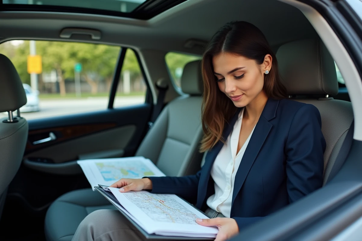 Jeune femme organisant documents dans sa voiture