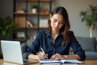 Femme professionnelle organise son planner à domicile