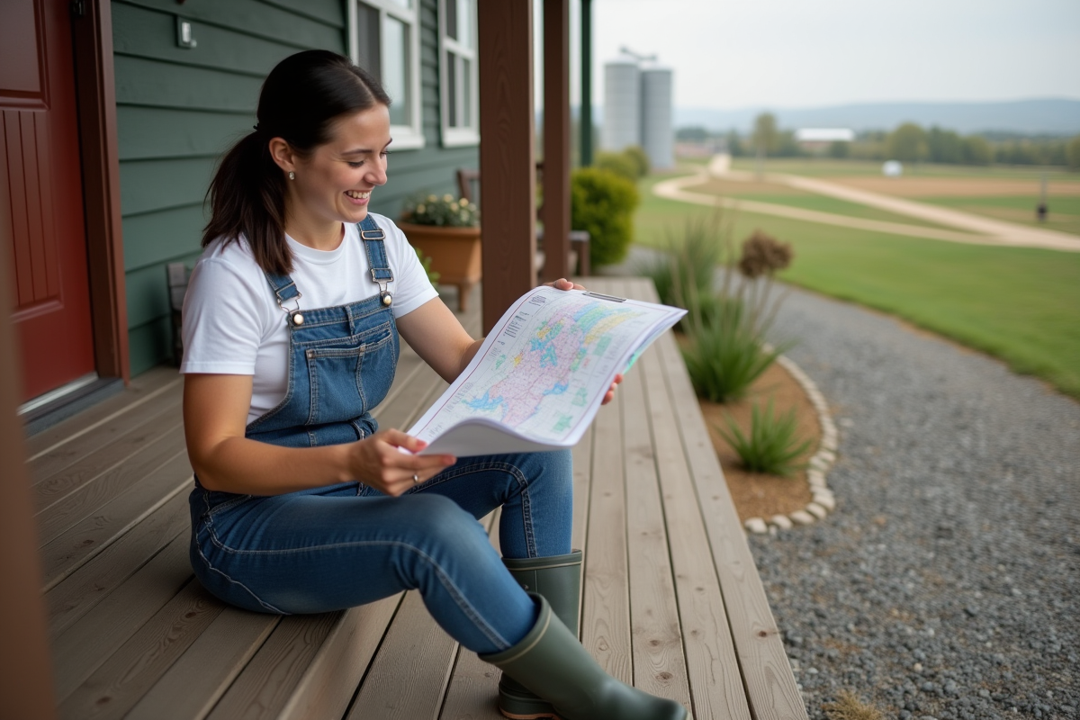 Jeune femme sur la terrasse de ferme avec carte et documents agricoles
