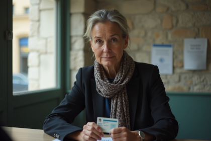 Femme d'&acirc;ge moyen pr&eacute;sentant sa pi&egrave;ce d'identit&eacute; dans un bureau administratif