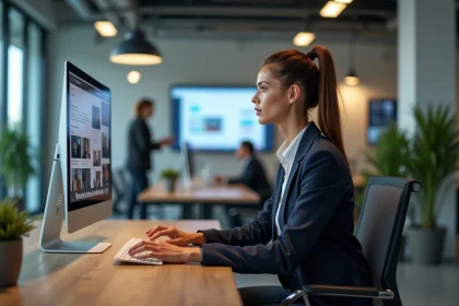 Femme professionnelle en blazer analysant un site web