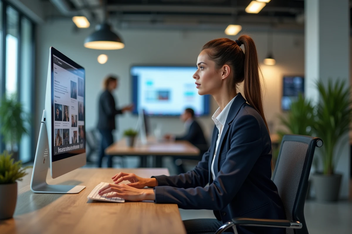 Femme professionnelle en blazer analysant un site web