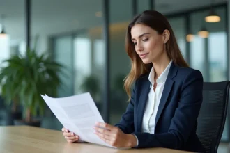 Femme d'affaires en bureau lisant un mémo