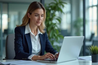 Femme professionnelle consultant son coffre-fort numérique RH sur un ordinateur portable dans un bureau moderne