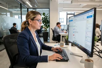 Femme professionnelle utilisant un espace entreprise en ligne sur un grand écran dans un bureau moderne