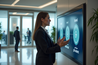 Femme d'affaires dans un lobby moderne pointant un panneau interactif