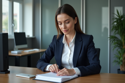 Femme professionnelle fermant un dossier confidentiel au bureau