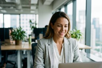 Femme professionnelle souriante devant son ordinateur portable dans un bureau moderne, illustrant l'automatisation du parrainage client