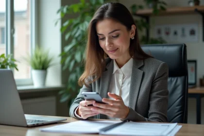 Femme d'affaires lisant un message sur son smartphone
