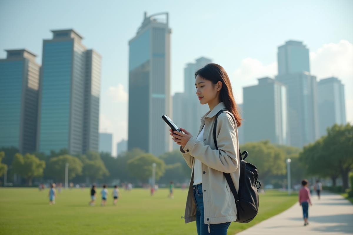 Jeune femme avec moniteur de qualite de l air dans un parc urbain