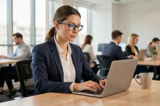 Femme professionnelle rédigeant une lettre de démission par mail sur son ordinateur portable dans un bureau moderne