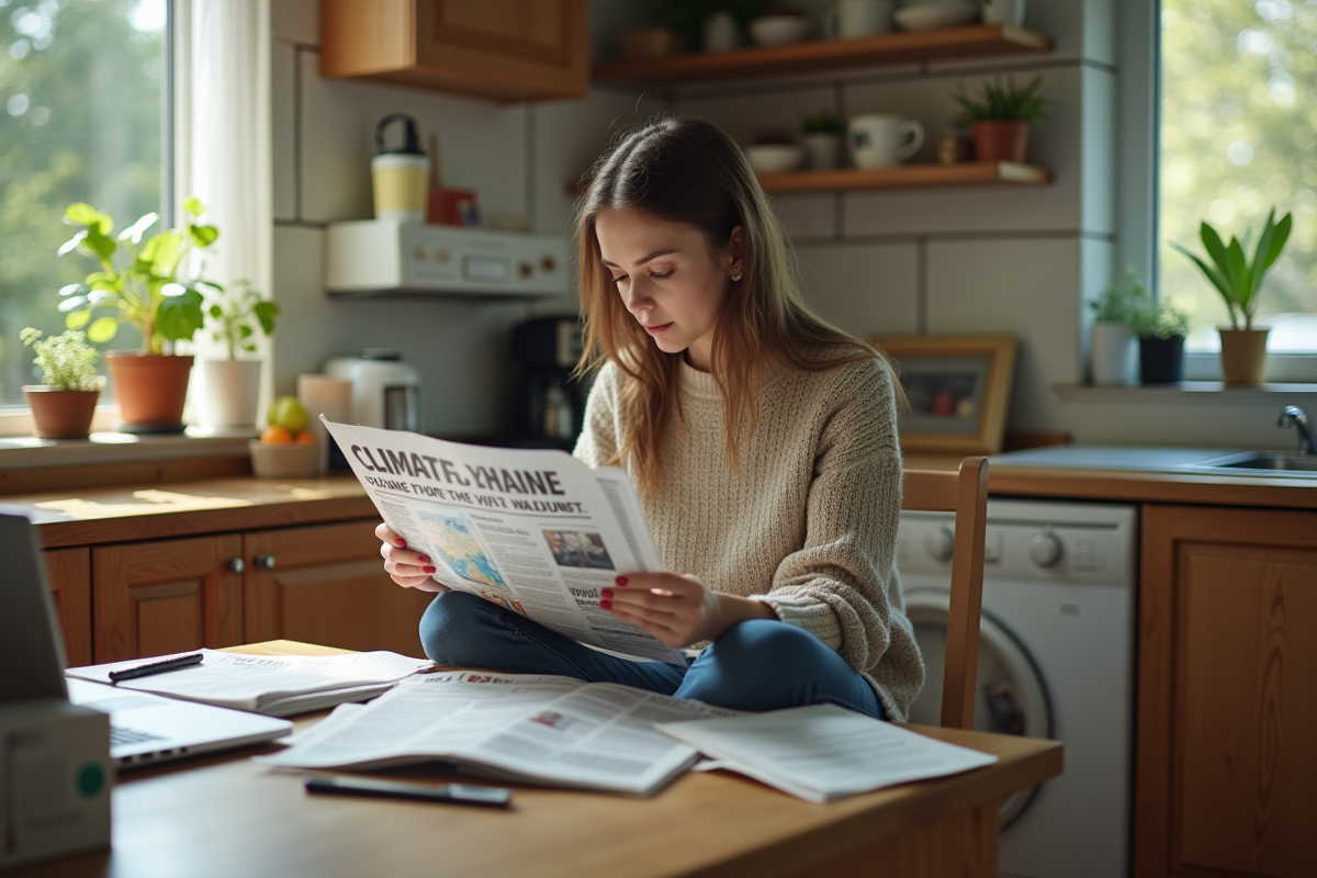 Jeune femme pensant à la crise climatique à la maison