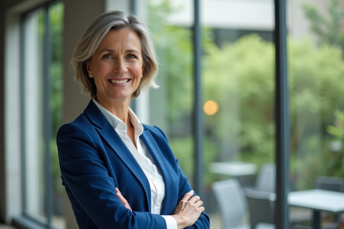 Femme responsable RH souriante devant une fenetre verte