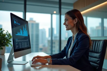 Femme professionnelle souriante dans un bureau moderne