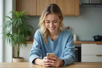 Jeune femme utilisant son smartphone dans une cuisine moderne