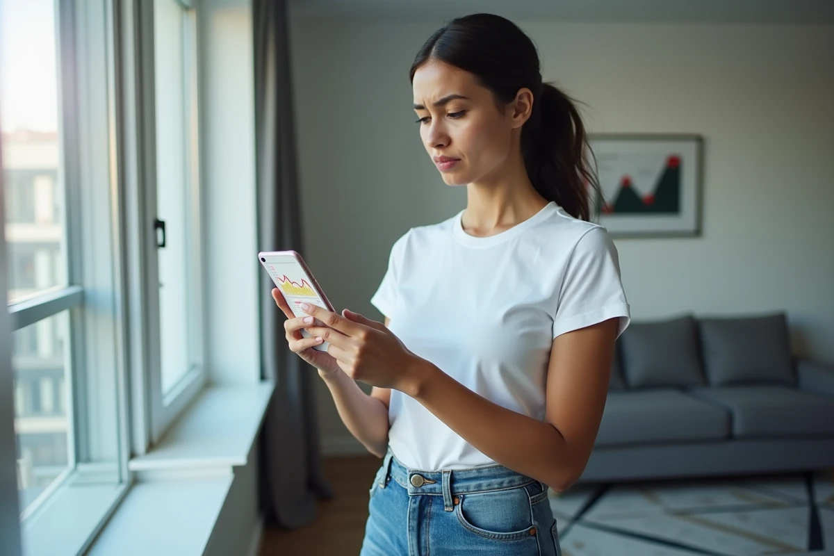 Femme analysant des statistiques de revenus en baisse sur smartphone dans un appartement moderne