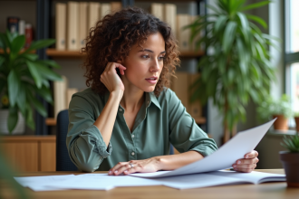 Femme d'âge moyen examine des rapports durabilité dans un bureau moderne