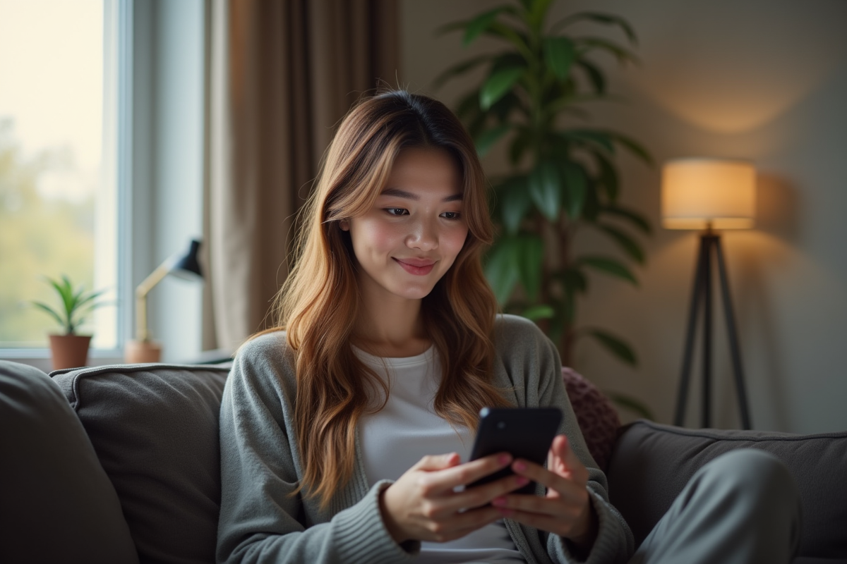 Jeune femme regardant une vidéo marketing sur son smartphone à la maison