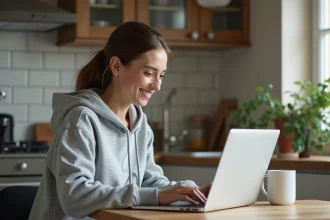 Femme travaillant depuis chez elle sur un ordinateur portable dans une cuisine moderne, illustrant le télétravail sans diplôme